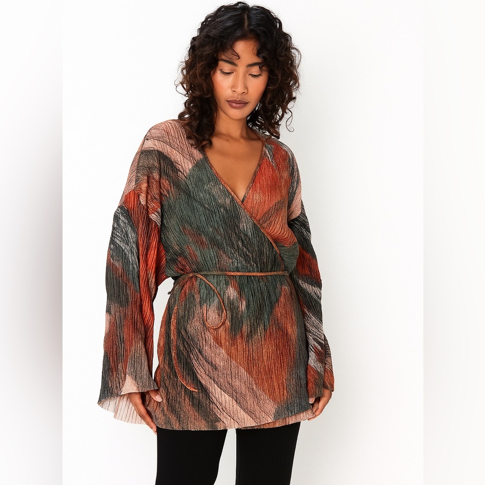 ZARA | NWT Pleated Abstract Earth Tone Print Kimono Wrap Top in Rust & Green